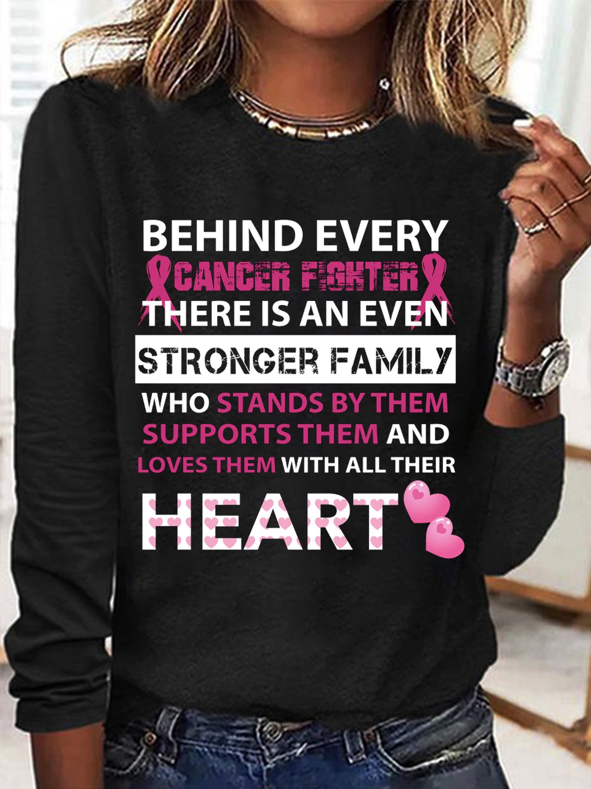 behind every breast cancer fighter is stronger family Breast Cancer T-Shirt