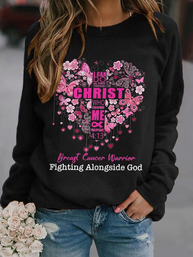 Women's Breast Cancer Warrior Fighting Alongside God Breast Cancer Breast Cancer Awareness Month Sweatshirt